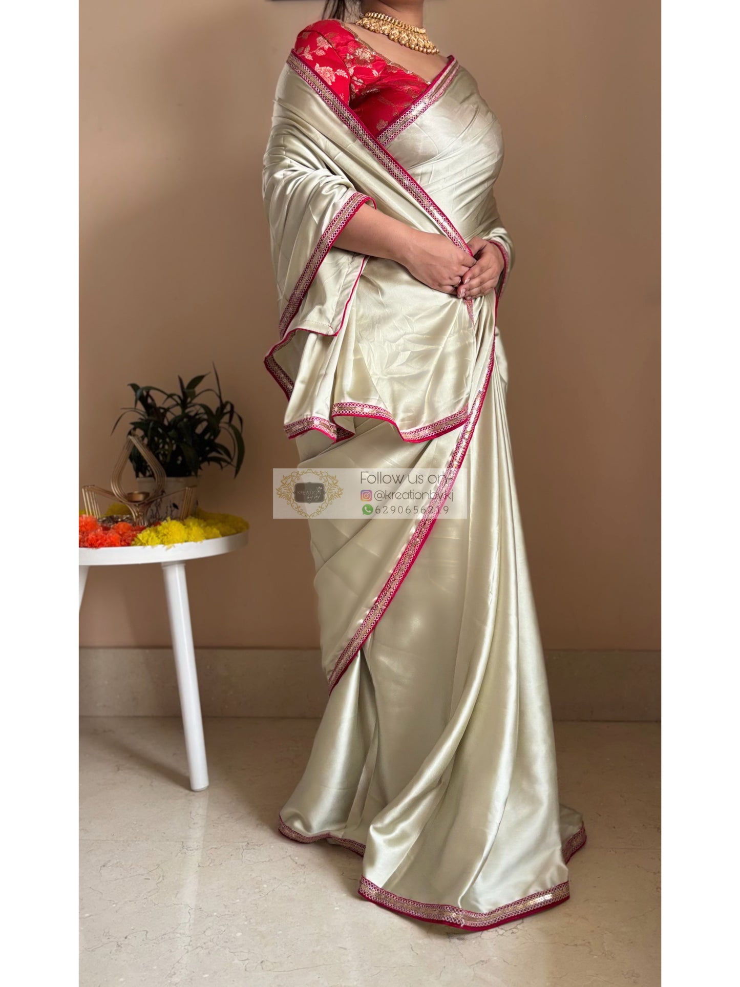 Cream with Green Hues Satin Silk Saree