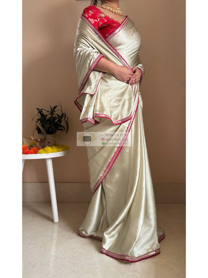 Cream with Green Hues Satin Silk Saree