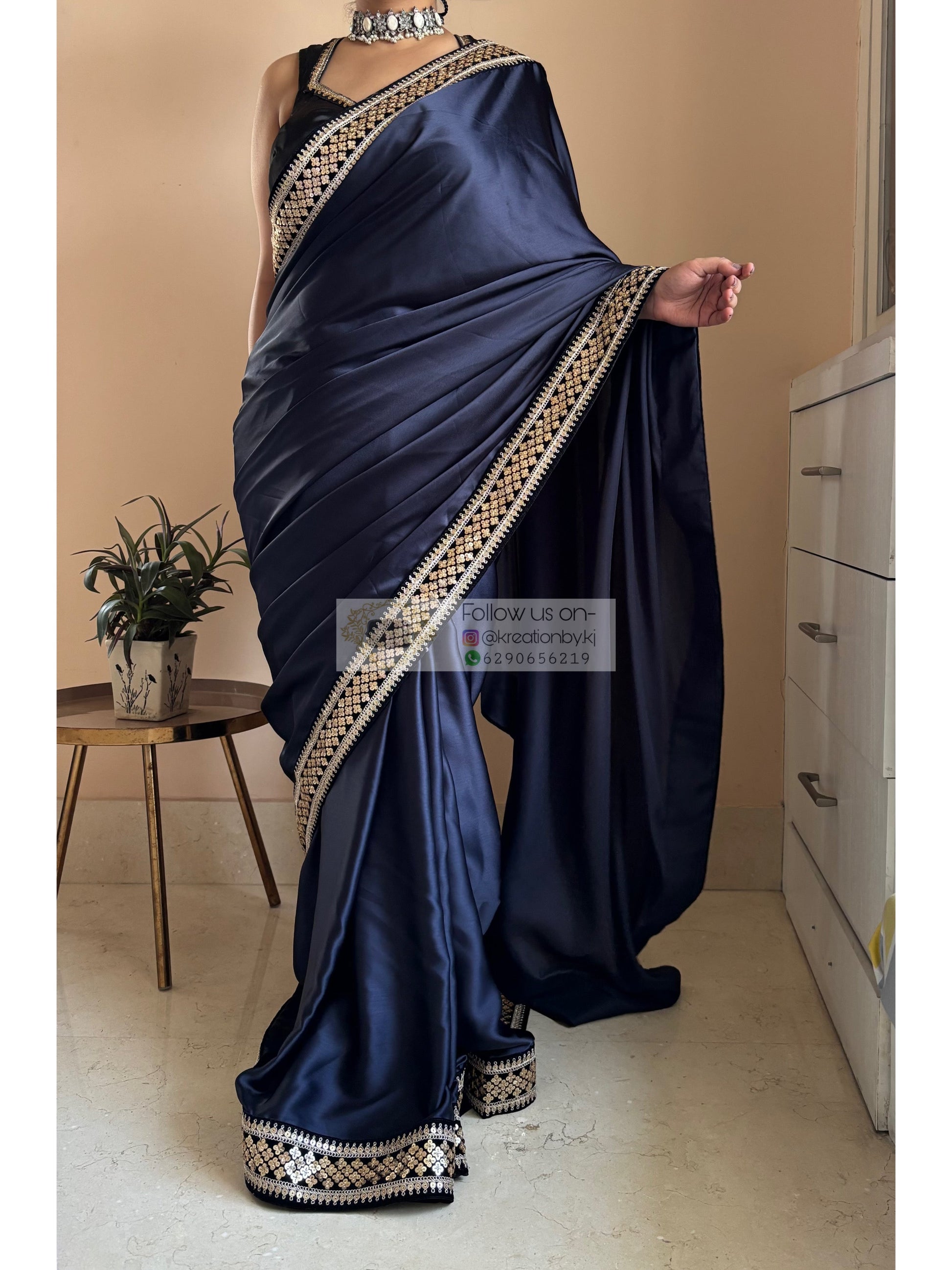 Dark Navy Blue Satin Silk Saree with Black Border kreationbykj