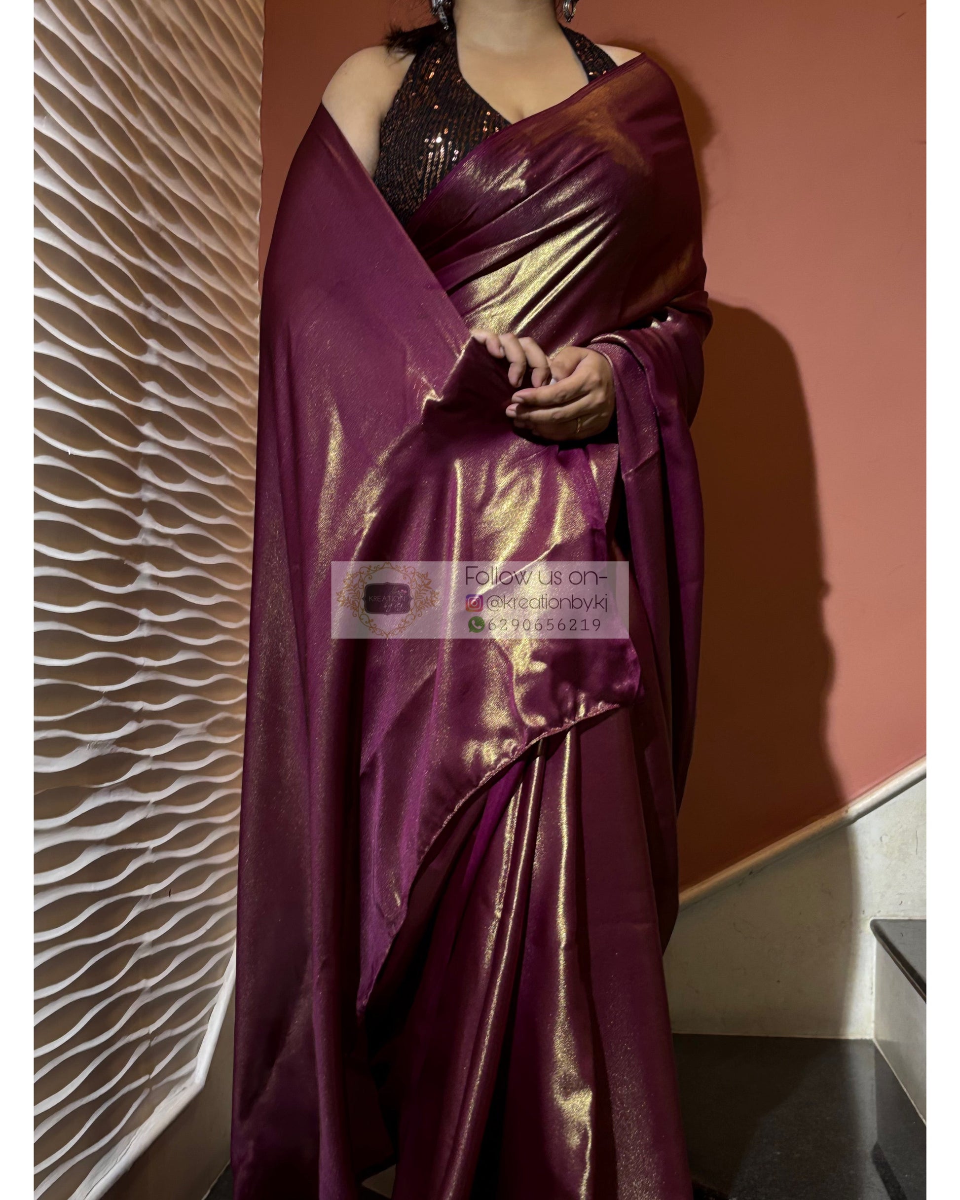 Aubergine Shimmer Satin cocktail Saree kreationbykj