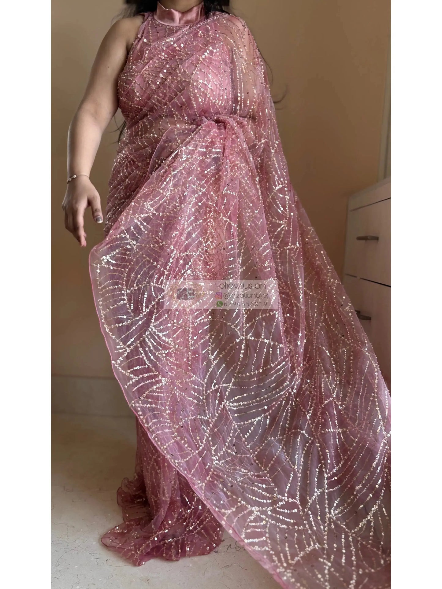 Pink Sequin Soiree Saree Kreation by KJ