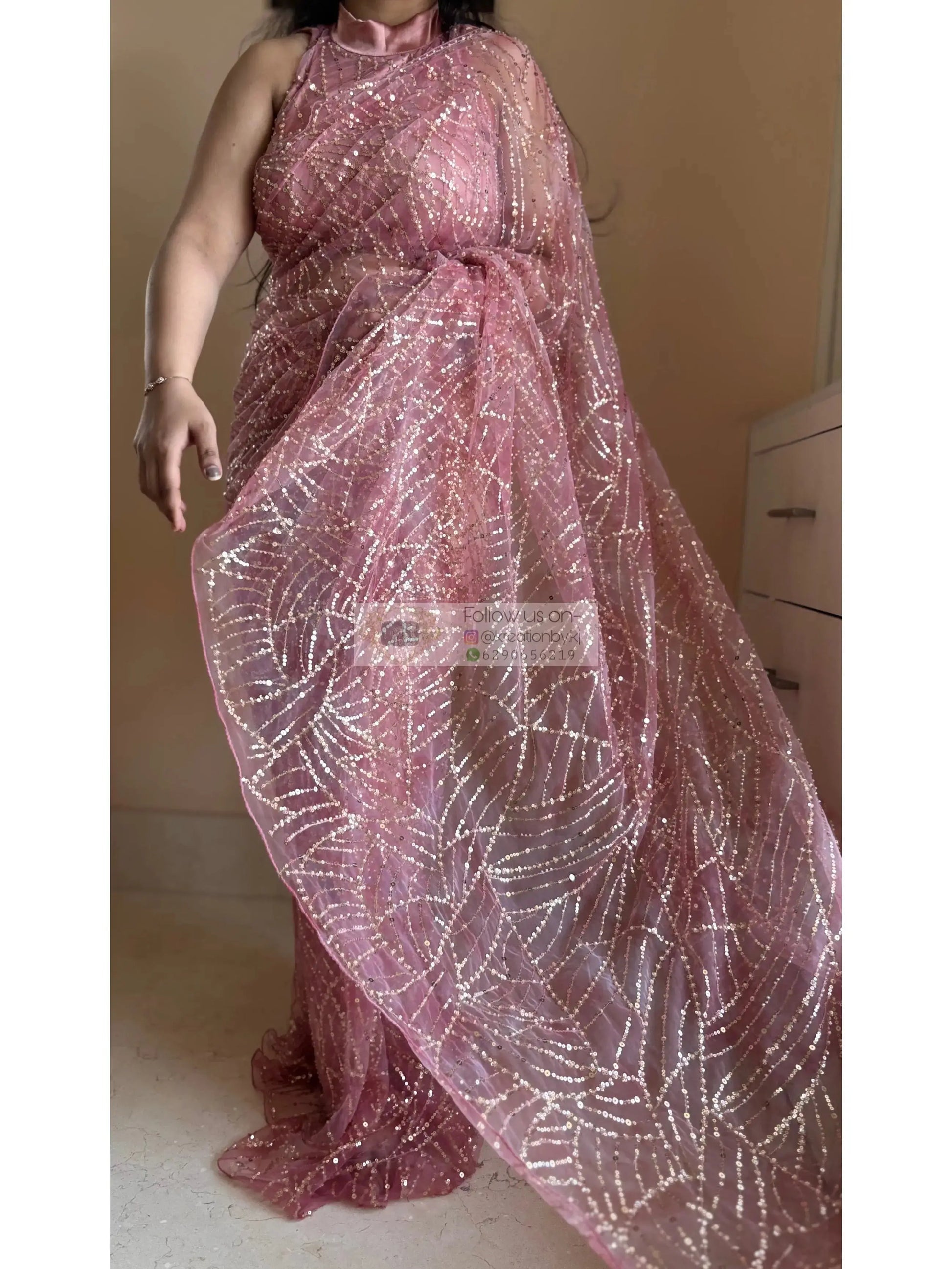 Pink Sequin Soiree Saree Kreation by KJ