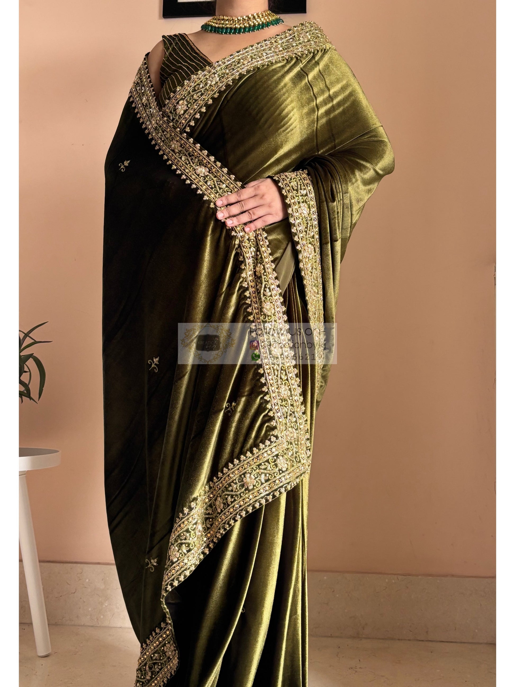 Mehendi  Green Velvet Zarina Saree for Wedding Kreation by KJ