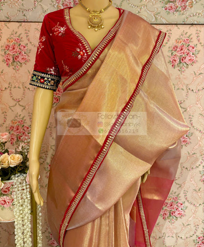 Dusty Pink Tissue Saree with Hand made Tassels in Pallu