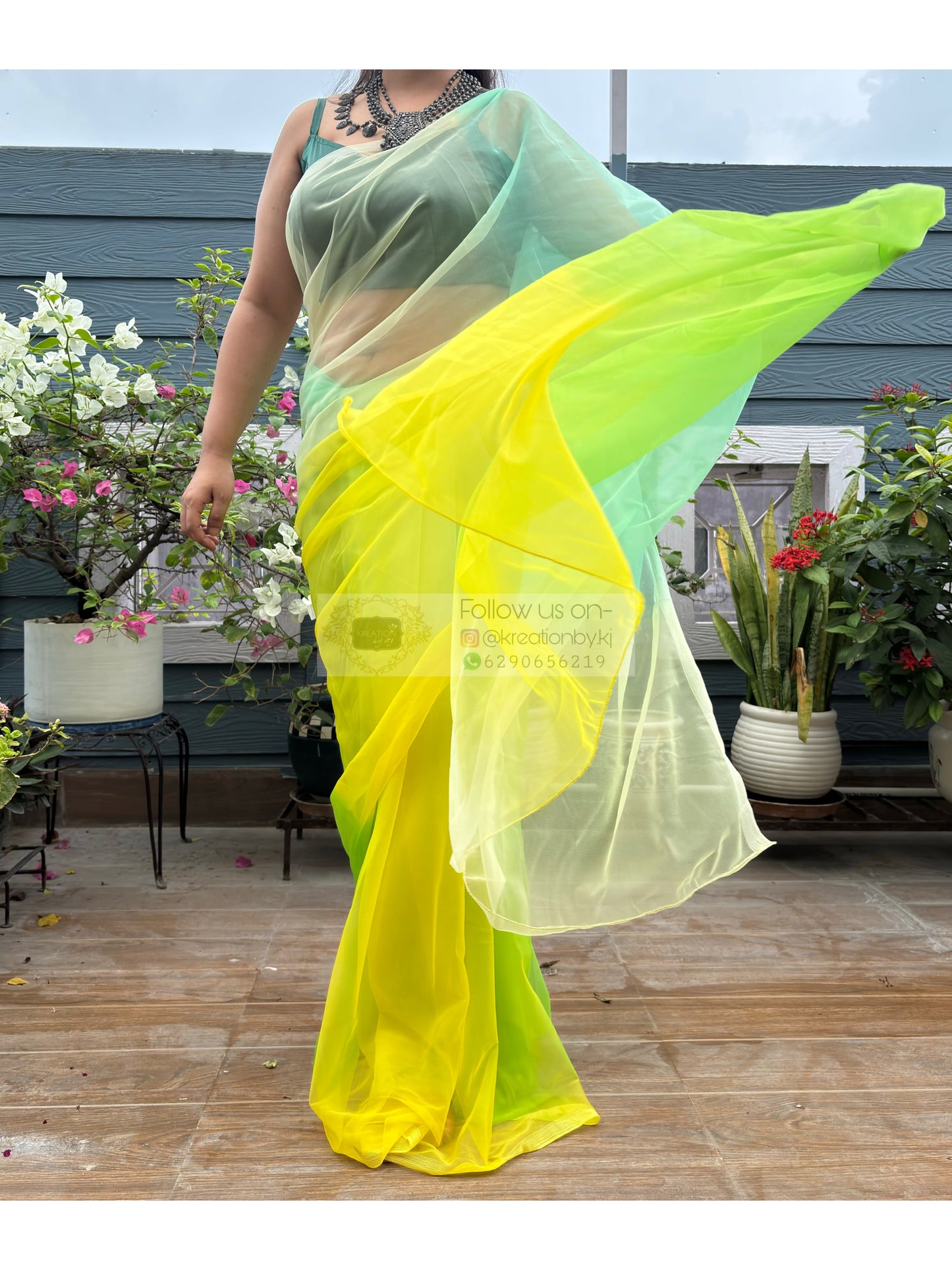 Green and yellow Net Ombre Saree kreationbykj