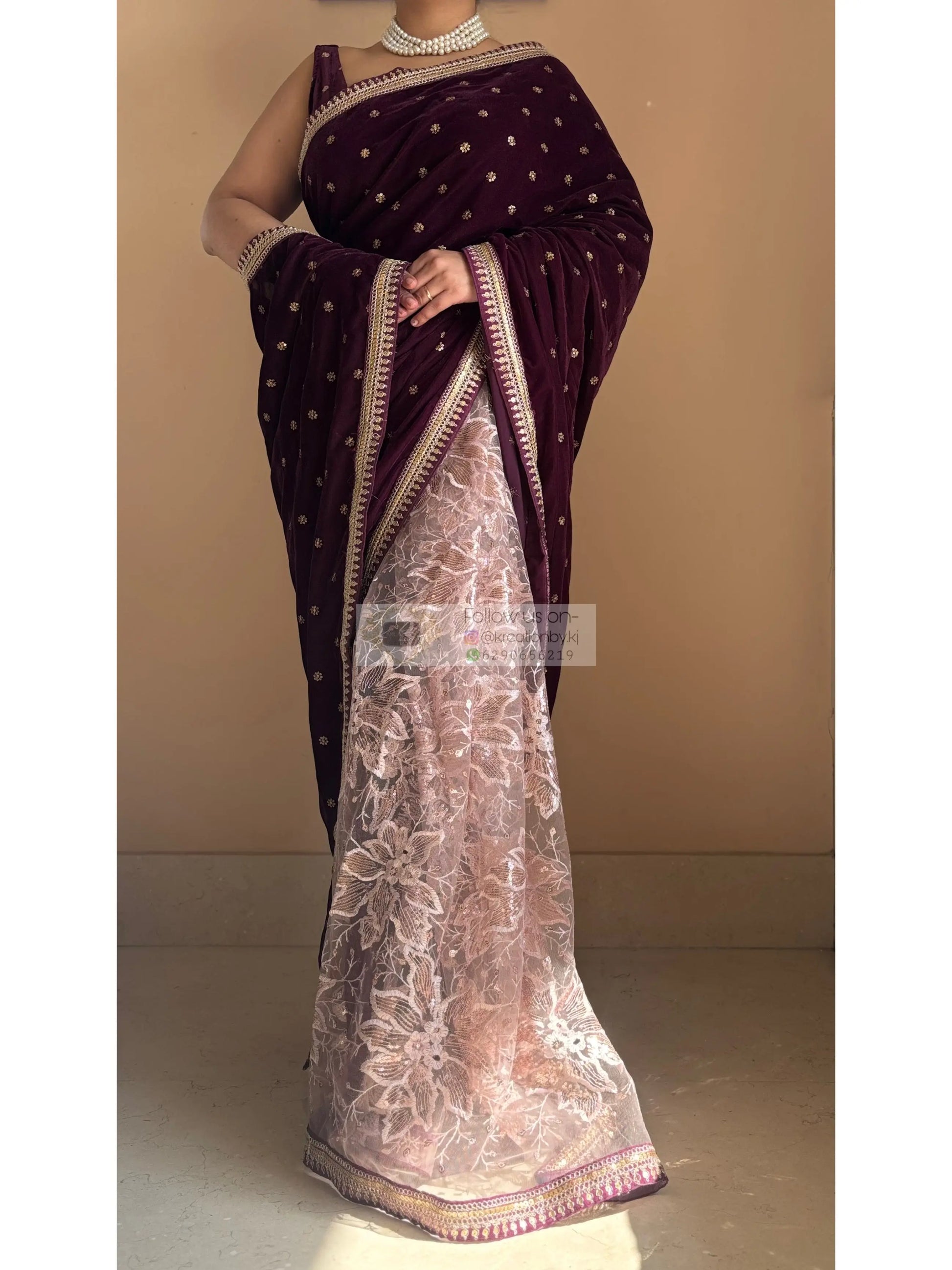 Purple Wine Velvet And Net Embellished Saree Kreation by KJ