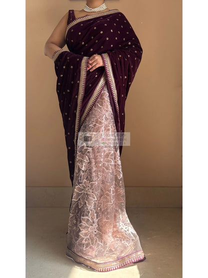 Purple Wine Velvet And Net Embellished Saree Kreation by KJ