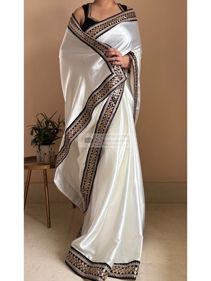 Cream Satin Silk Saree with Black Border Party Wear - kreationbykj