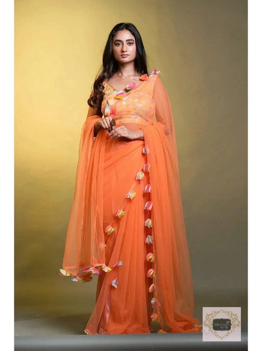 My Sassy Girl Orange Net Saree Kreation by KJ