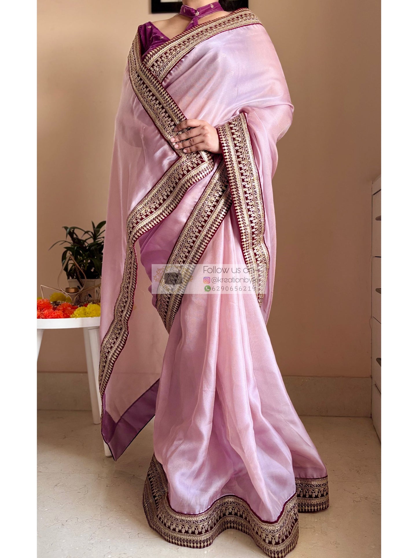 Mauve Pink Net Saree With Wine Border Kreation by KJ