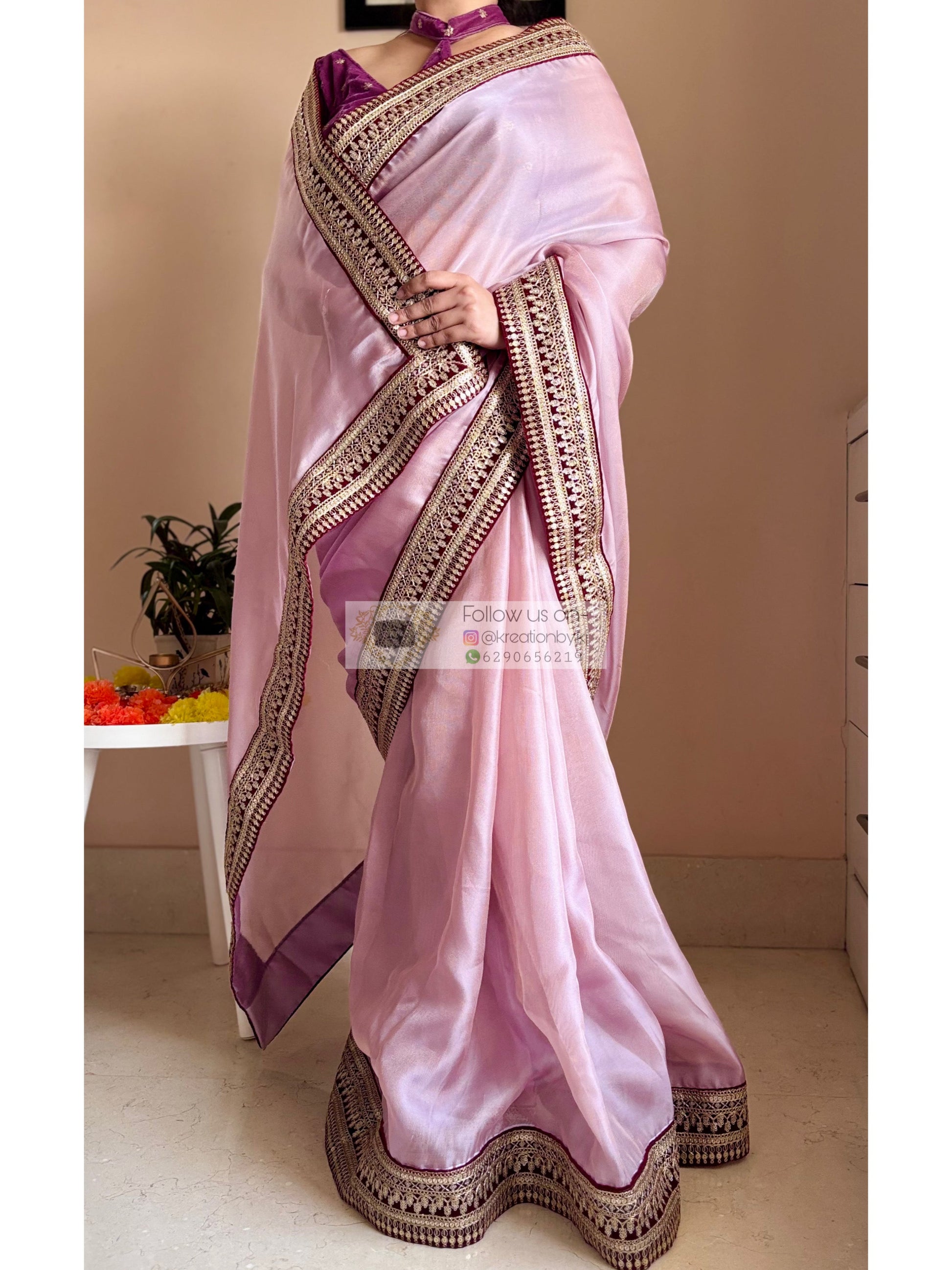 Mauve Pink Net Saree With Wine Border Kreation by KJ