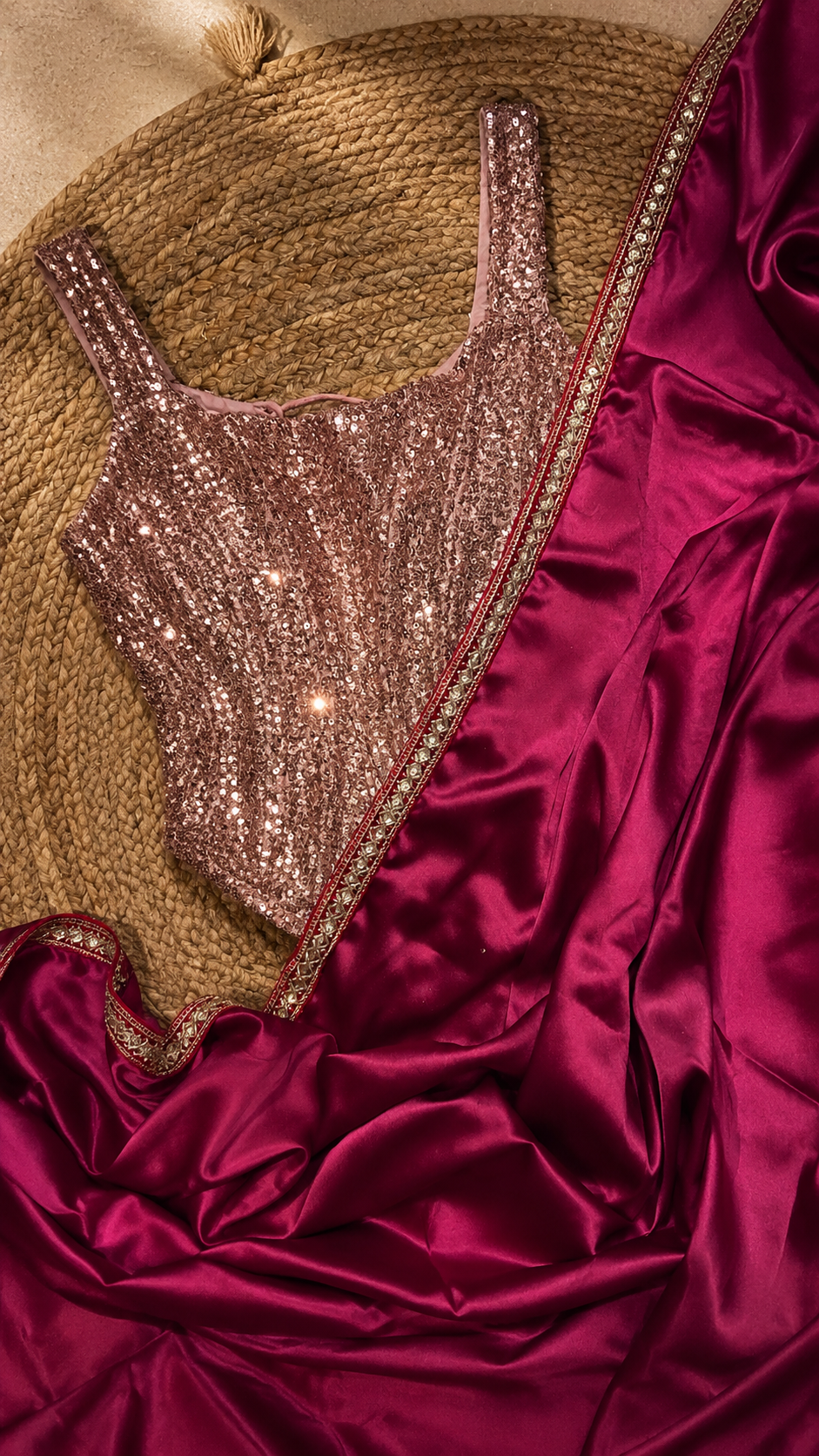 Hot Pink Satin Silk Cocktail Saree