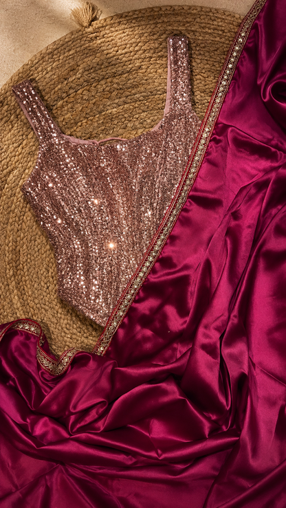 Hot Pink Satin Silk Cocktail Saree