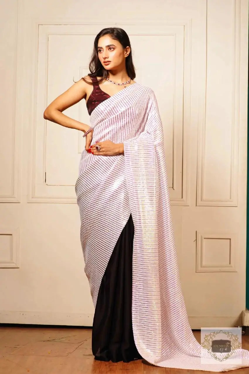Dazzle White Sequin Half Cocktail Saree Kreation by KJ