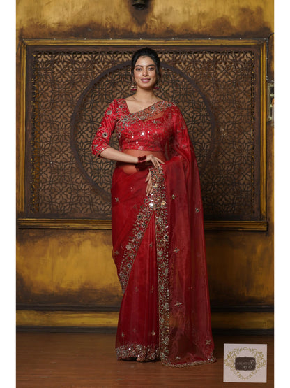 Red Glass Tissue Sheesh Mahal Saree