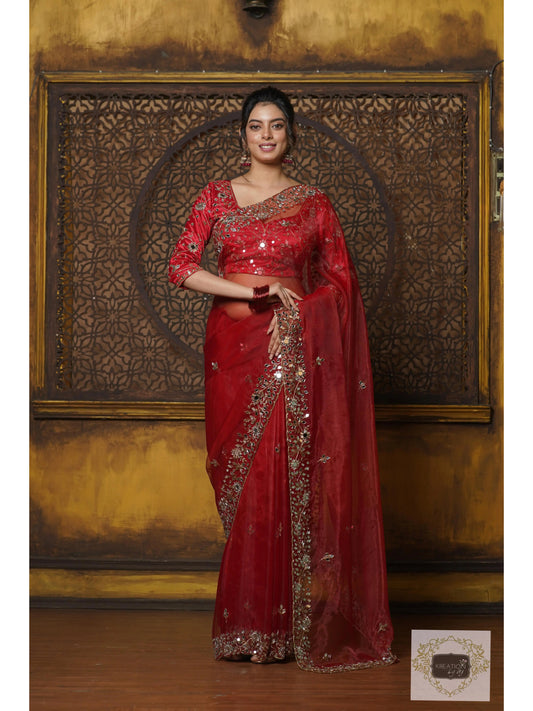 Red Glass Tissue Sheesh Mahal Saree