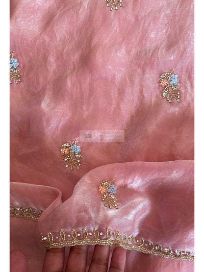 Blush Pink Shimmer Satin Saree with Floral Motifs