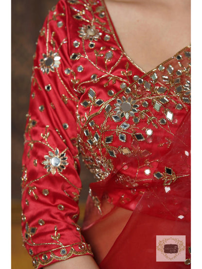 Red Glass Tissue Sheesh Mahal Saree