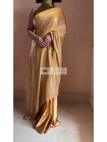 Yellow Satin Pleated Cocktail Saree