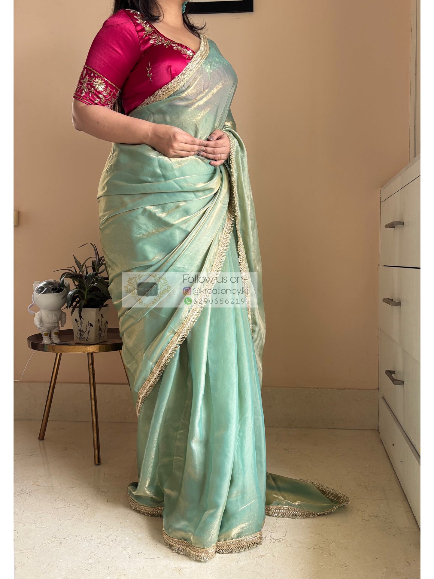 Pastel Green Metallic Shimmer Banno Saree kreationbykj