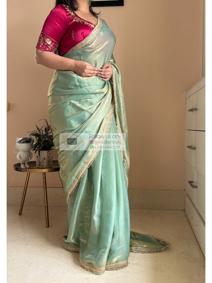 Pastel Green Metallic Shimmer Banno Saree kreationbykj