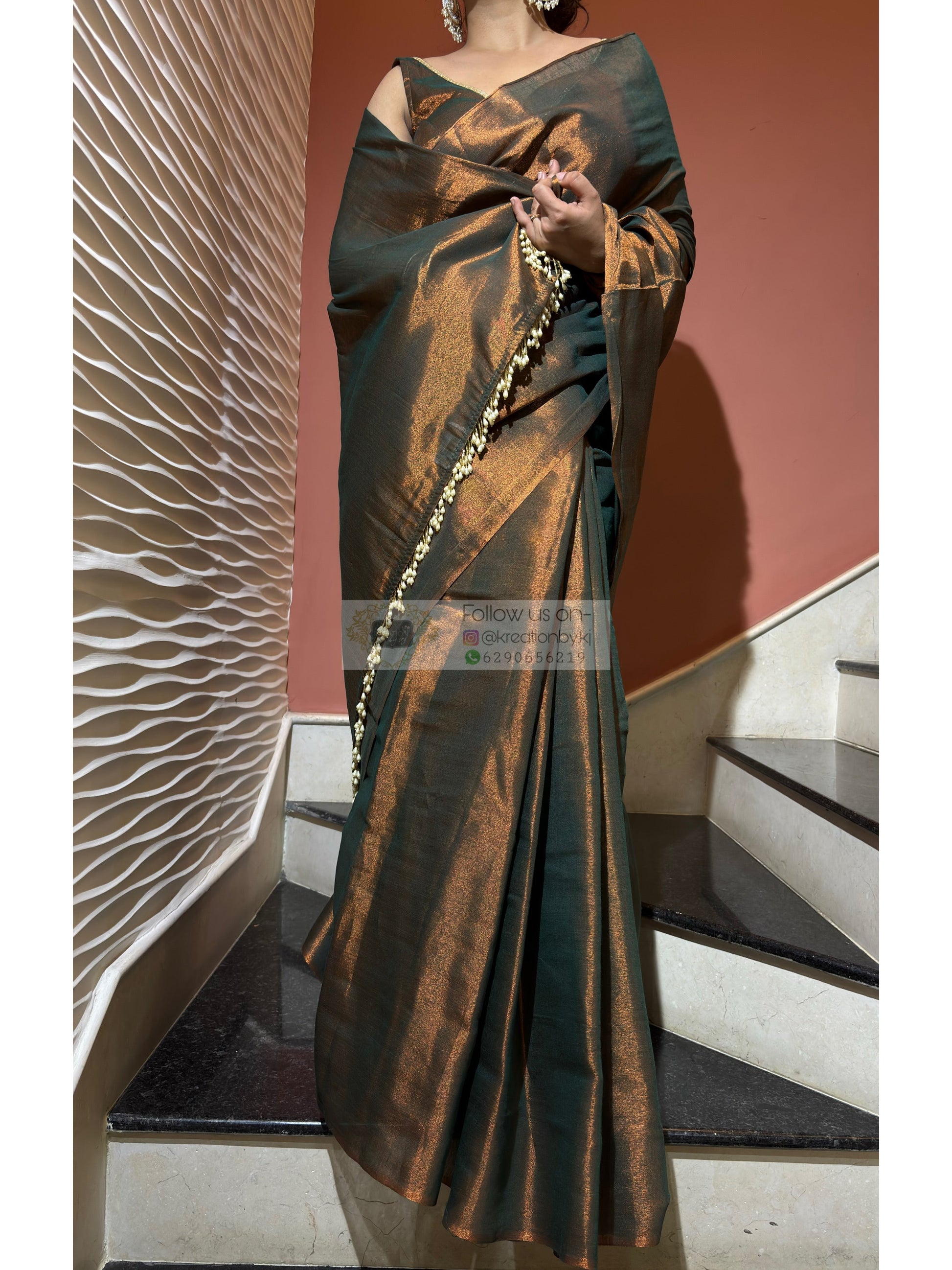 Copper Bronze Cotton Tissue Saree With Tassels in Pallu kreationbykj