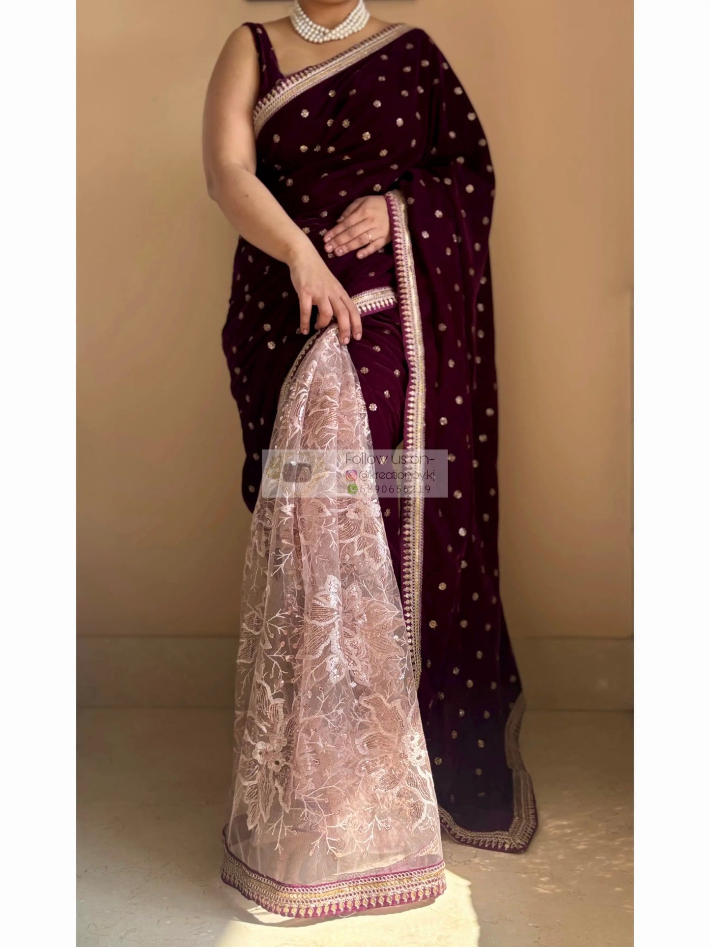 Purple Wine Velvet And Net Embellished Saree Kreation by KJ