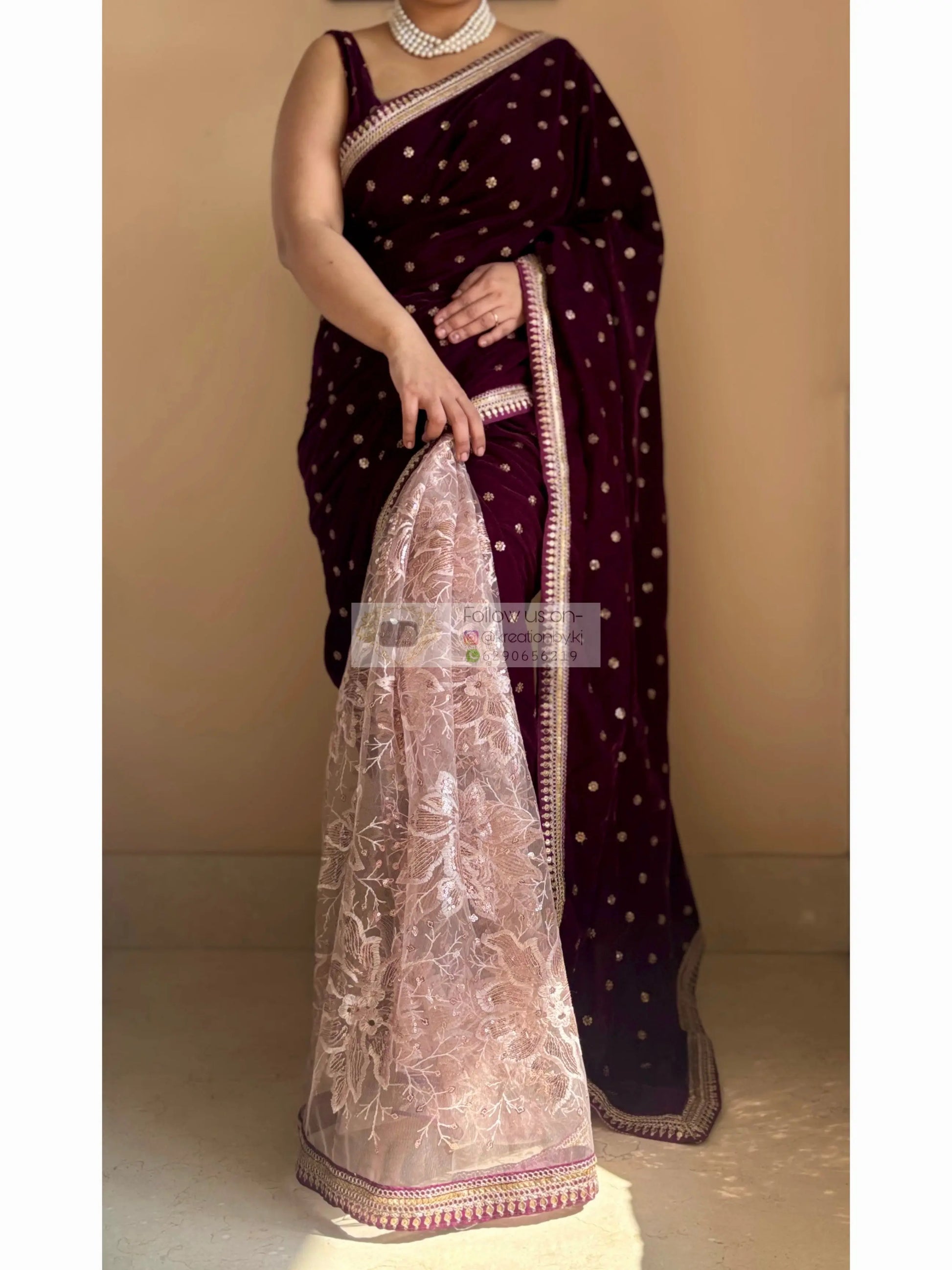 Purple Wine Velvet And Net Embellished Saree Kreation by KJ