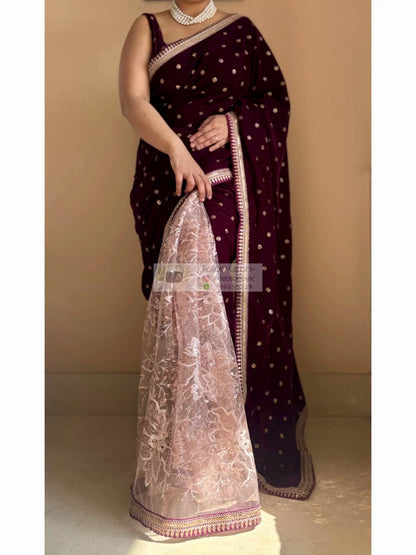 Purple Wine Velvet And Net Embellished Saree Kreation by KJ