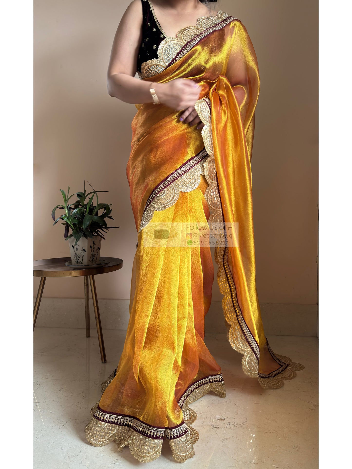 Fiery Gold Zari Tissue Mehraab Border Saree kreationbykj