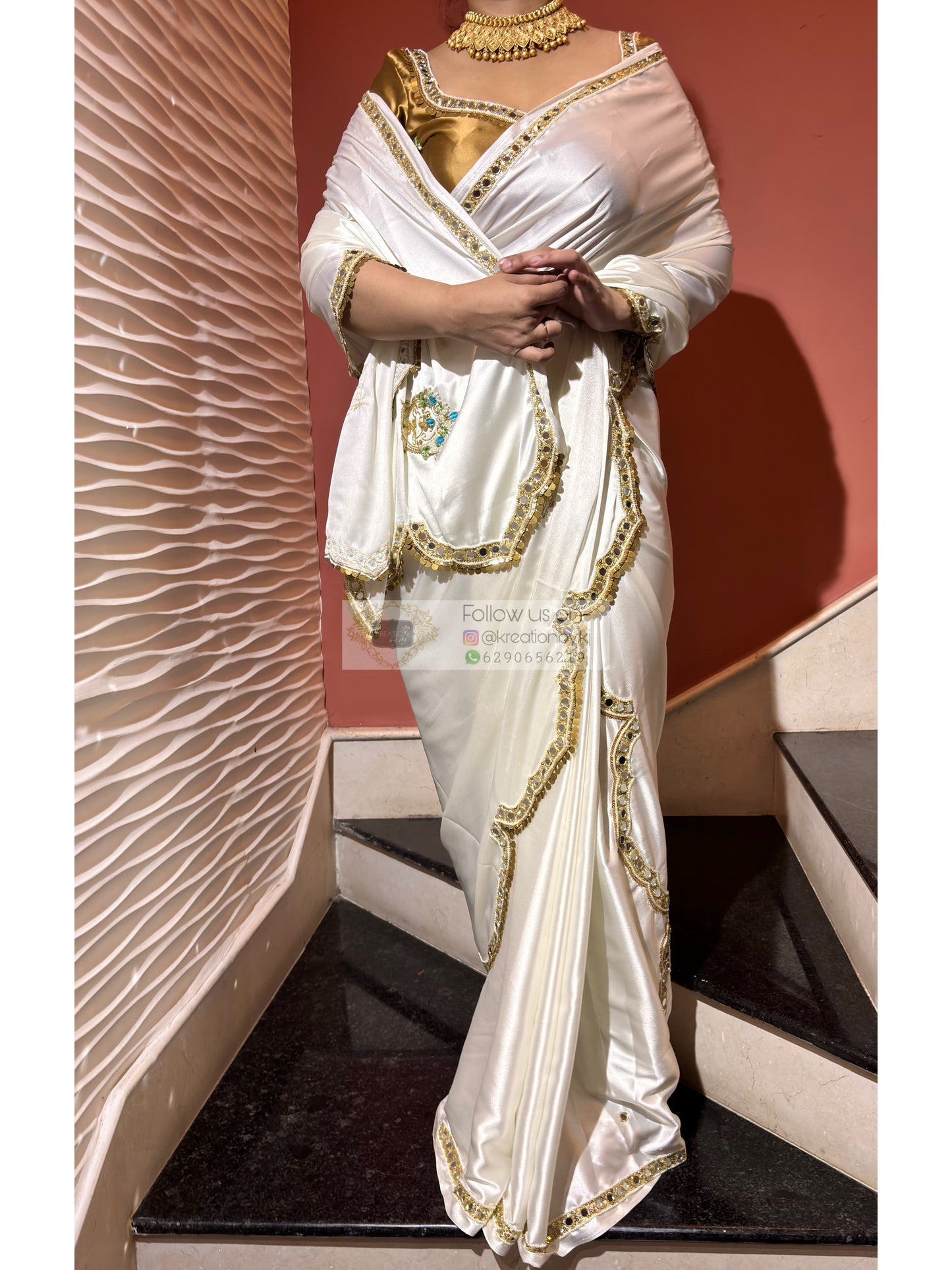 Snow Creme Satin Silk Saree With Real Mirror Work Kreation by KJ