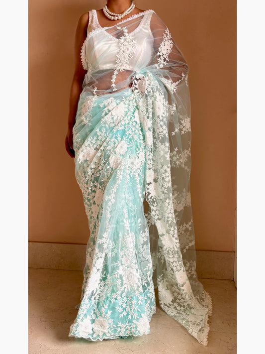 Seafoam Bloom Embellished Net Saree