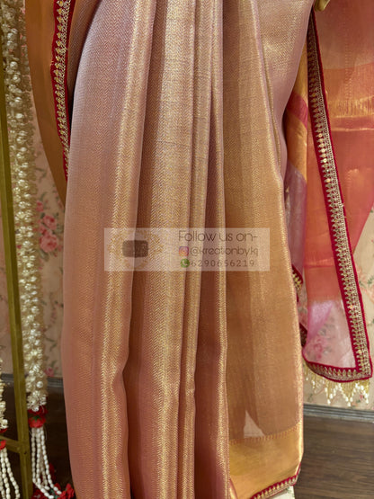 Dusty Pink Tissue Saree with Hand made Tassels in Pallu