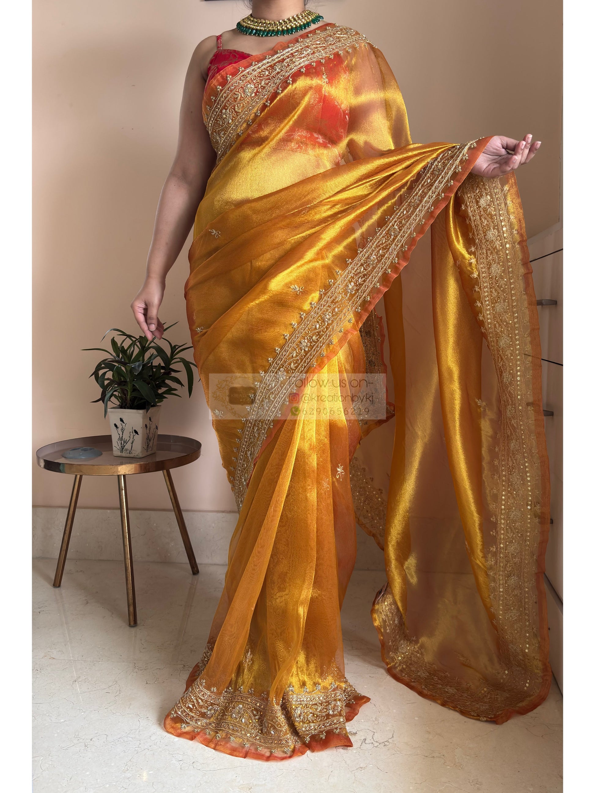 Golden Yellow Zarina Tissue Bridal Saree Kreation by KJ