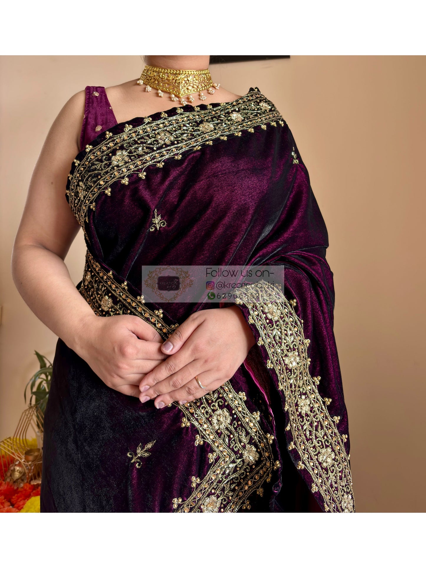 Dark Wine Velvet Zarina Saree Kreation by KJ