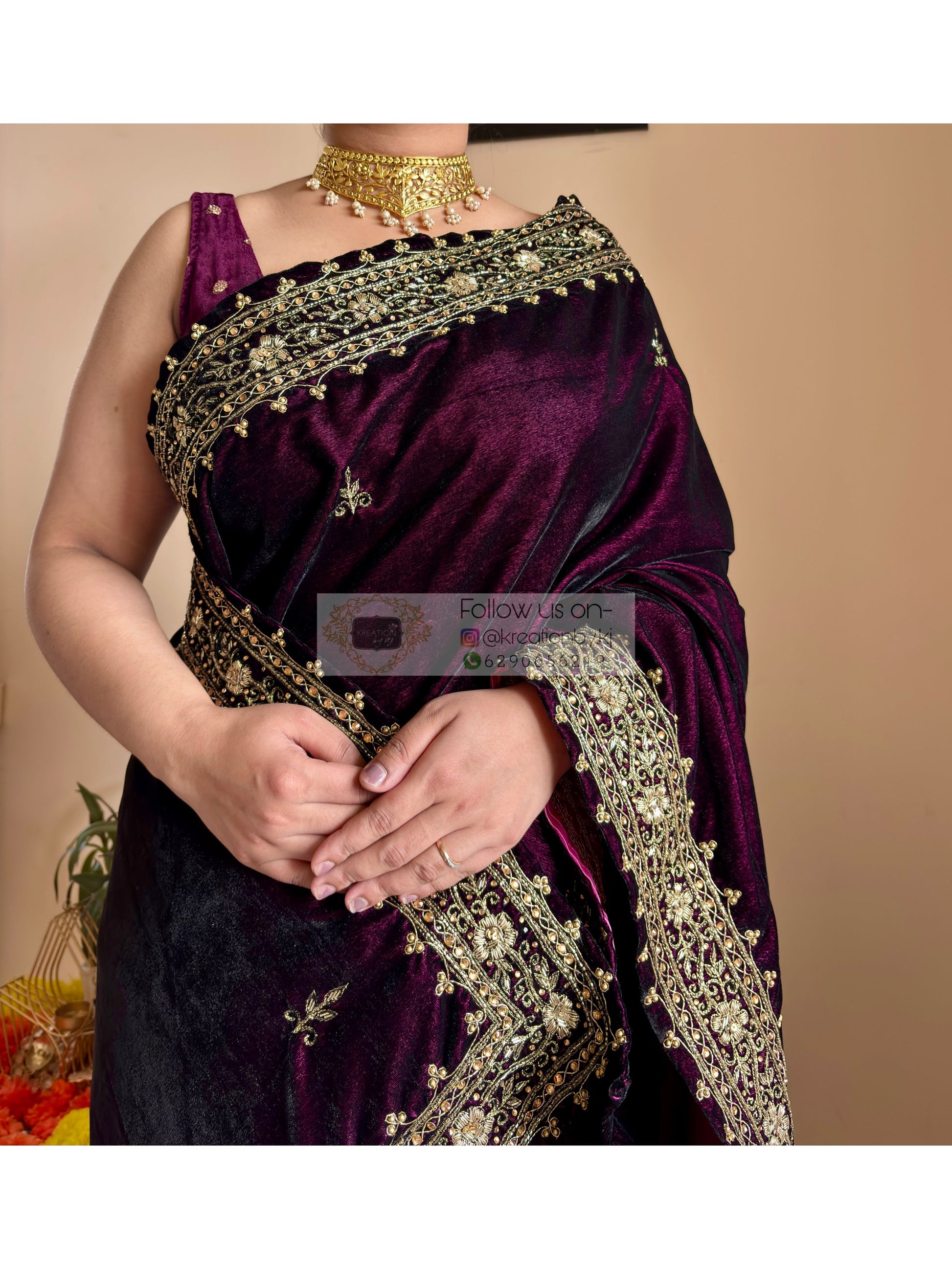 Dark Wine Velvet Zarina Saree Kreation by KJ