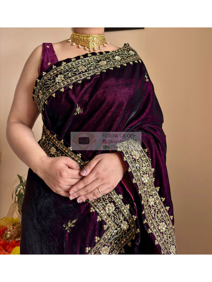 Dark Wine Velvet Zarina Saree Kreation by KJ