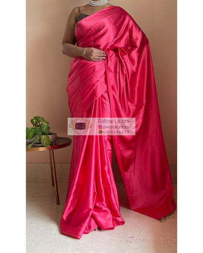 Flamingo Pink Satin Silk Saree with Handmade Tassels on Pallu