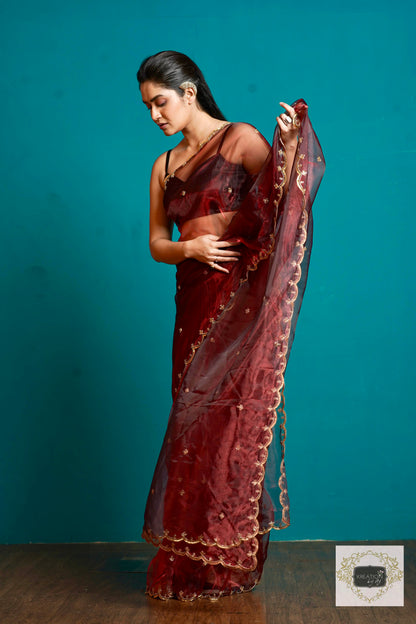 Maroon Glass Tissue  Sequins Piyali Saree