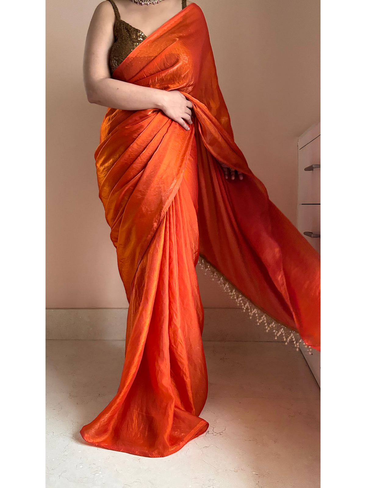 Fanta Orange Metallic Satin Saree