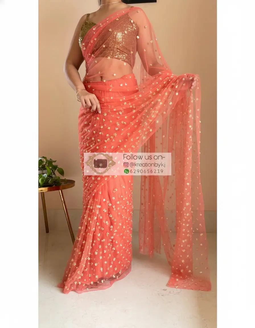 Coral Jugnoo Net Girlish Looking Partywear Saree kreationbykj