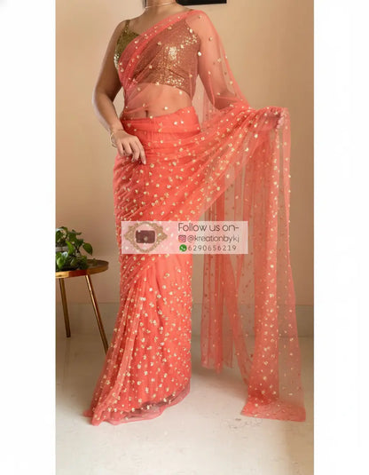Coral Jugnoo Net Girlish Looking Partywear Saree kreationbykj
