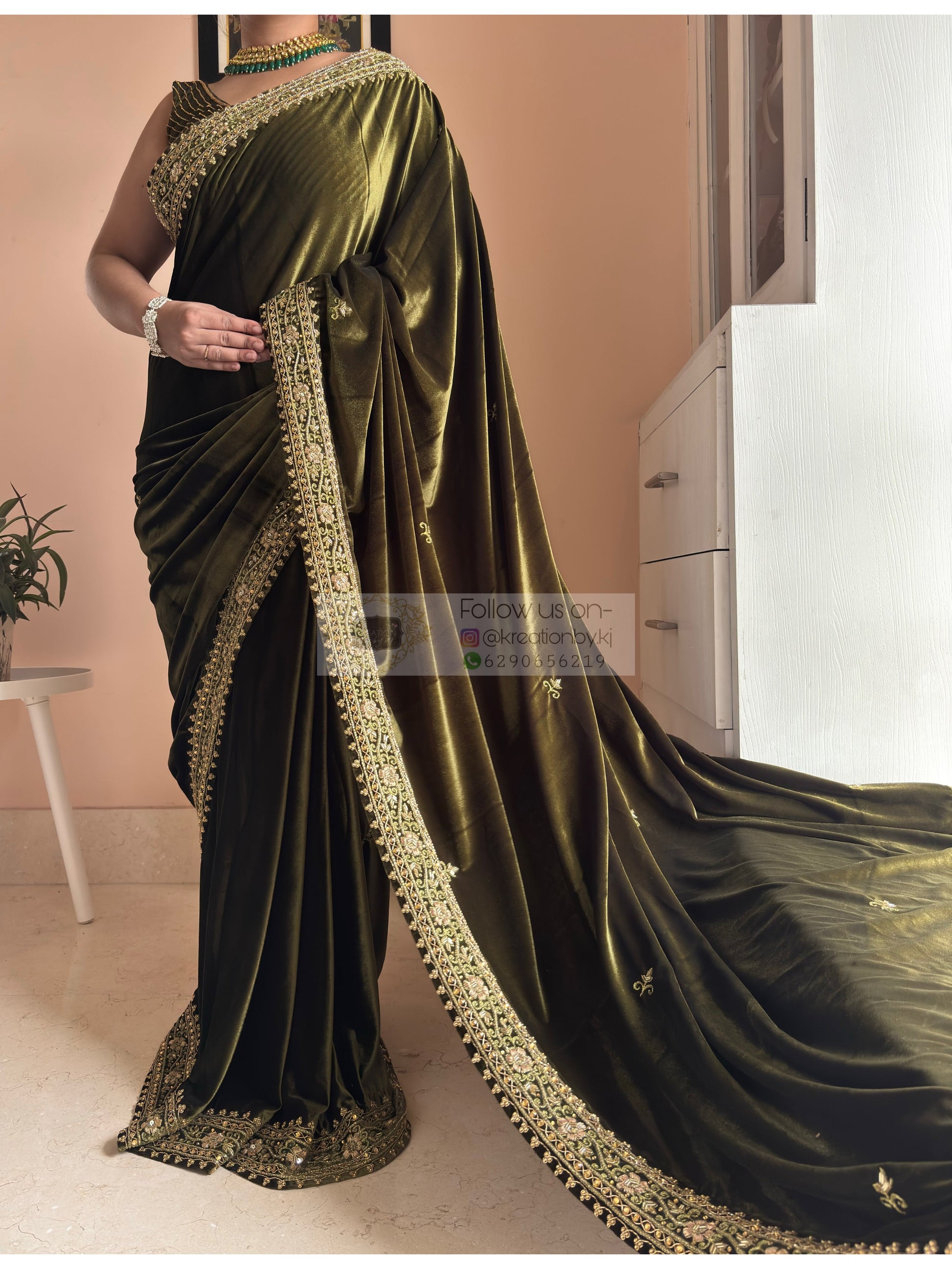 Mehendi  Green Velvet Zarina Saree for Wedding Kreation by KJ