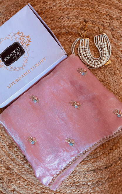Blush Pink Shimmer Satin Saree with Floral Motifs