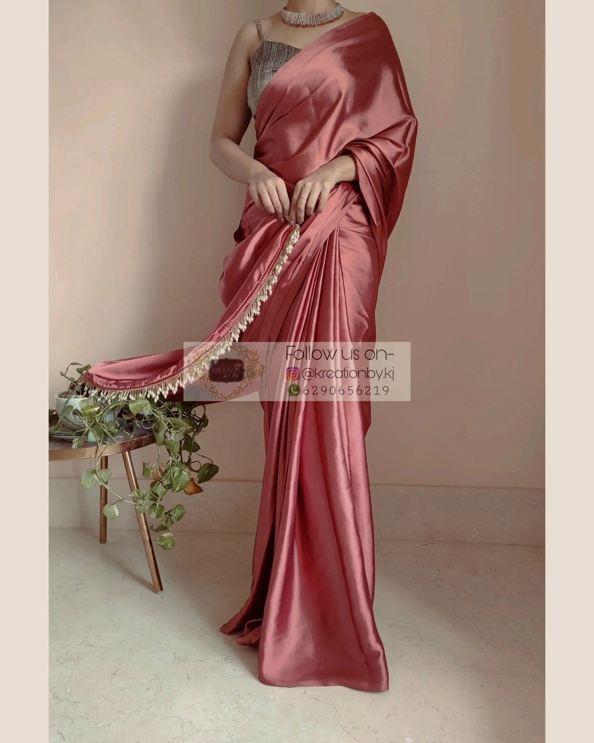 Dusty Rose Satin Silk One Minute Saree kreationbykj.in