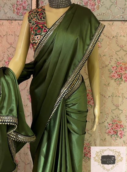 Olive Green Satin Silk Saree with Black Border