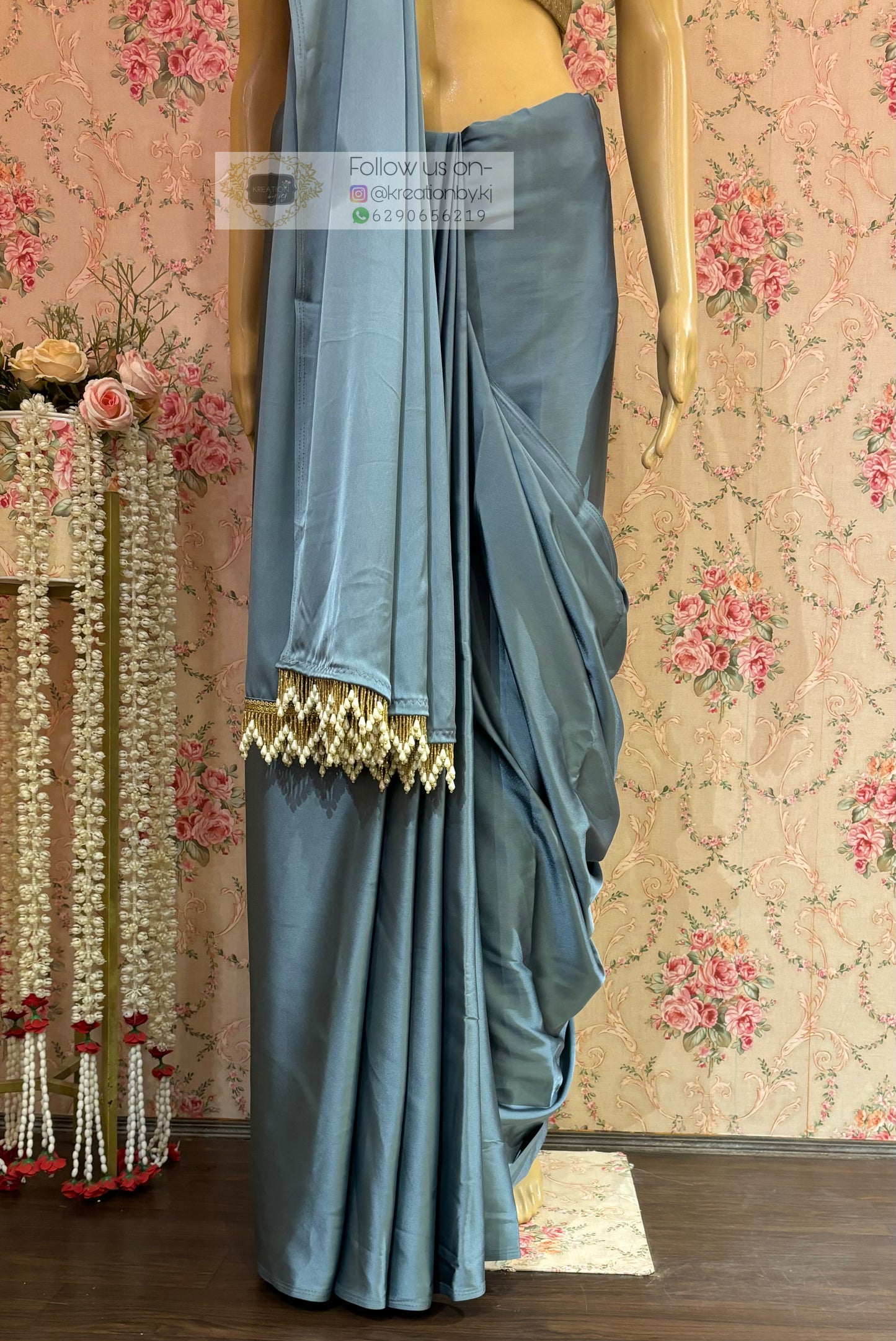 Slate Grey Satin Silk Saree with Handmade Tassels on Pallu