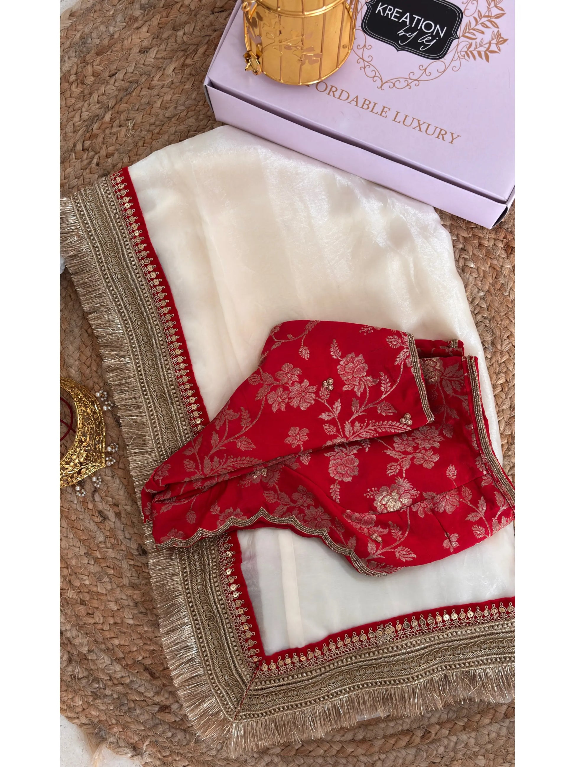 Cream Shimmer Satin Banno Saree Kreation by KJ