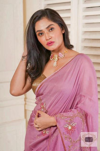 Mauve Diva Glam Pure Organza Silk Saree with Handembroidery kreationbykj