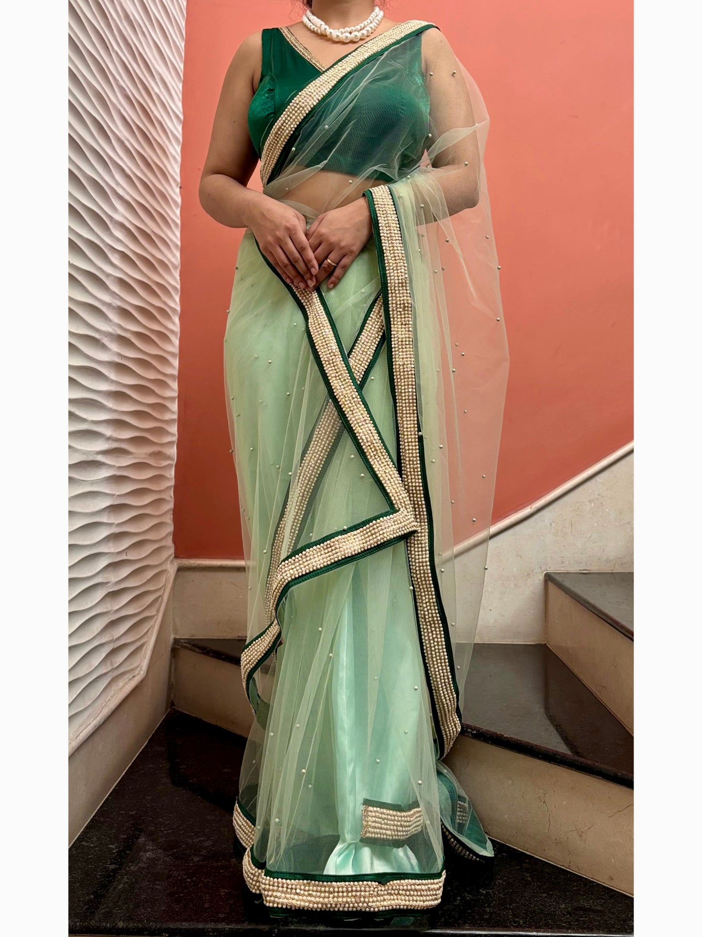 Pistachio Pearl Designer Net Saree With Pearl Border